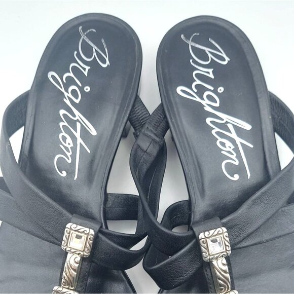 Brighton Nassau Black Leather Low Heel Slide Sandals 8.5M Silver Plated Crystal - Picture 8 of 11